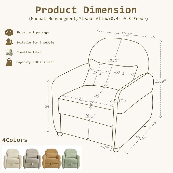 33.5" Mordern Accent Chairs,Reading Chair with Storage,Single Sofa in Chenille Fabric for Living Room, Bedroom and Compact Spaces. (Beige)