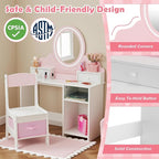 JOYLDIAS Kids Vanity with Lights, Pink Girls Makeup Vanity with 2 Drawer, Storage Cabinet & Shelves, 2 in 1 Toddler Vanity Table and Chair Set, Dressing Table for Kids 3+