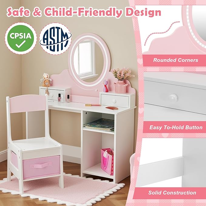 JOYLDIAS Kids Vanity with Lights, Pink Girls Makeup Vanity with 2 Drawer, Storage Cabinet & Shelves, 2 in 1 Toddler Vanity Table and Chair Set, Dressing Table for Kids 3+