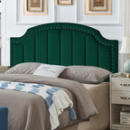 24KF Velvet Fabric Upholstered Queen/Full Headboard with Nail Trims,Modern Vertical Channel Design with Curved Headboard, 6052-Q-Jade