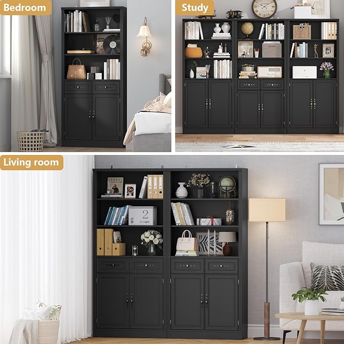 72'' Tall Bookcase with Doors and Drawers, Adjustable Shelves, P2 MDF Construction, 32'' Wide Freestanding Cabinet with Metal Handles, Hidden Storage for Living Room, Bedroom, Black