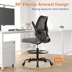 Drafting Chair,Tall Office Chair with Adjustable Footrest Ring,Lumbar Support,Ergonomic High Desk Seat,Flip-Up Armrests,Breathable Mesh Standing Stool for Home Office,Grey