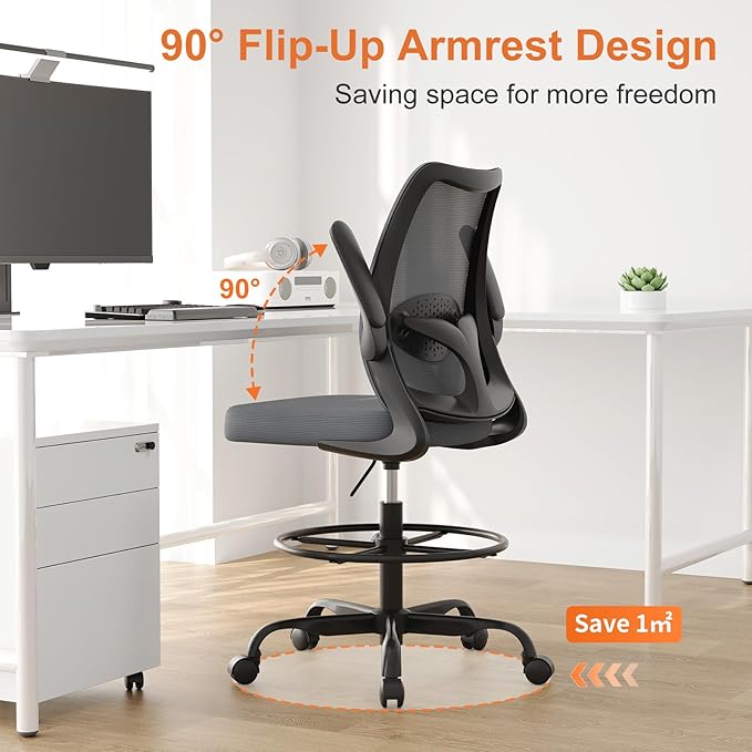 Tall Office Chair for Standing Desks,High Desk Drafting Chair with Adjustable Footrest Ring,Ergonomic Lumbar Support,Flip-Up Armrests for Home Office,Grey