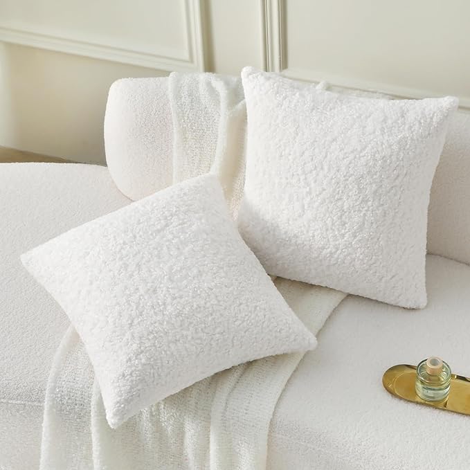 FUTEI Cream White Throw Pillow Covers 20x20 Inch Set of 2,Furry Faux Fur Teddy Boucle Textured Cushion Covers,Soft Fluffy Decorative Pillow Case,Home Decor for Couch Bed Living Room Office Car