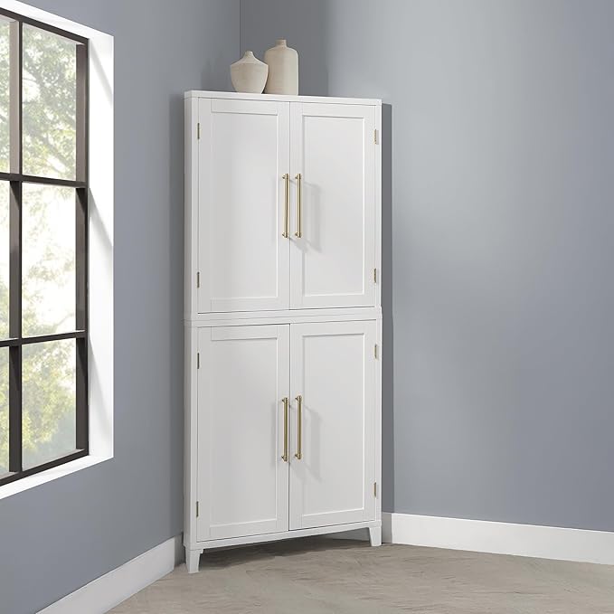 Crosley Furniture Roarke Corner Kitchen Storage Pantry Cabinet with Shelves, Kitchen, Dining, Laundry Room, White