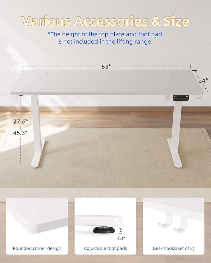 YIHAYO Electric Standing Desk, 63 x 24 Inches Stand Up Desk with Splice Board, Computer Table for Home Office, White Frame/White Top