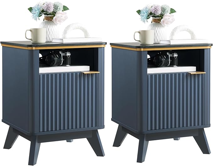 QUW Fluted Nightstands Set of 2 with Charging Station, 18" Modern Side Table, Wooden Bedside Table with Faux Marble Top, Open Storage, Cabinet, End Table for Bedroom, Living Room, Navy Blue