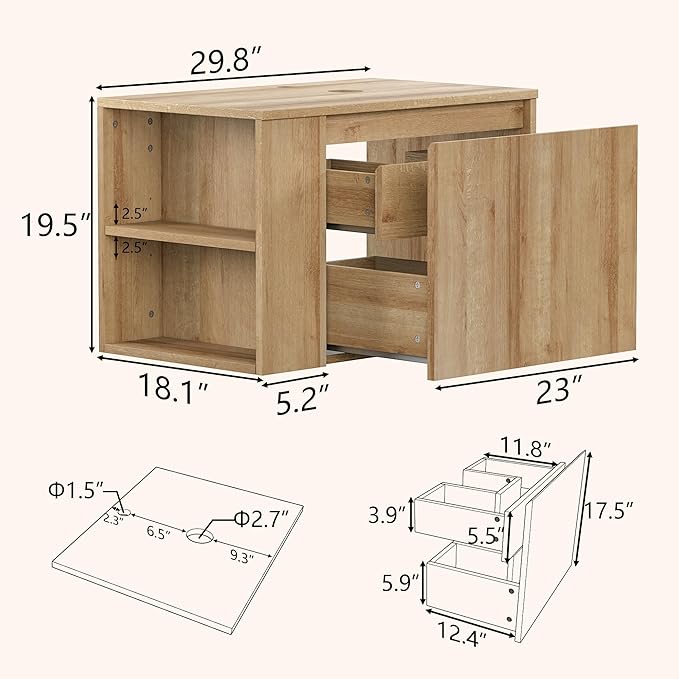 Bathroom Vanity, Natural Color Wall-Mounted Bathroom Vanity with Hidden Drawer (Nature Without Sink, 36")