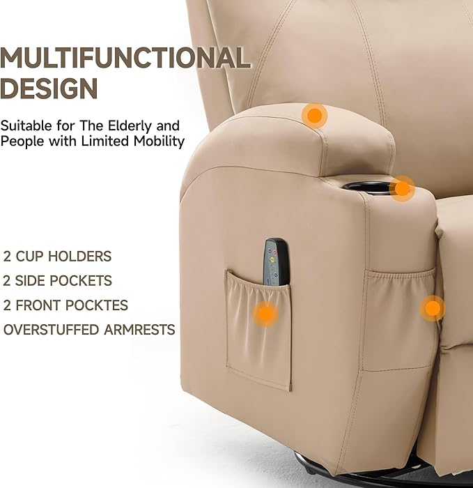 Recliner Chair, Rocking Chair with Massage and Heat, 360° Swivel Recliner Chairs for Adults, Rocker Manual Recliner with Remote Control and Cup Holder for Living Room, Bedroom, Nursery