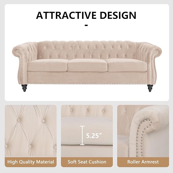 Velvet Sofa Couches Set, 3-Piece Mid Century Modern Upholstered Couch with Cushions, Home Sofa Sectional Furniture Sets, Comfy Tufted Chesterfield Couches for Living Room, Bedroom, Office