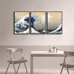 Wieco Art Black Framed Great Wave of Kanagawa Katsushika Hokusai 3 Piece Modern Canvas Prints Artwork Abstract Pictures Paintings on Canvas Wall Art for Home Office Decorations Wall Decor