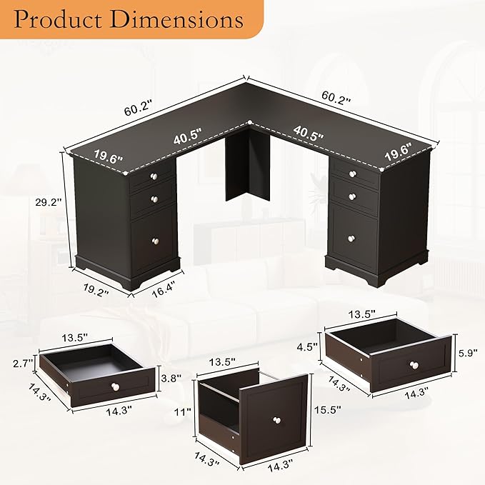 L Shaped Exective Desk with Drawers and File Drawers: 60" Country Vintage Desk for Home Office, Gaming Computer Desks with Storages(Black)