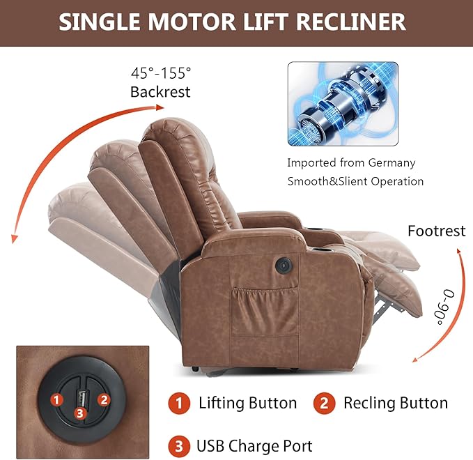 PELUMY Manual Lift Recliner Chair for Elderly with Massage & Heat, Oversized Heavy Duty 350 lbs Recliner with Cup Holders & USB Ports, Infinite Positioning Lift Chair (Breathable Leather, Brown)