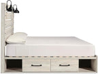 Signature Design by Ashley Cambeck Farmhouse King Panel Platform Bed with 4 Storage Drawers, Cubbies, Sconce Lights and USB Ports, Foundation or Box Spring Not Needed, Whitewash