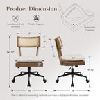 Home Office Desk Chair with Wheels, Ergonomic Computer Task Chair with Rattan Back, Adjustable Height Armless Swivel Chair with Removable Cushion for Small Space, Light Brown