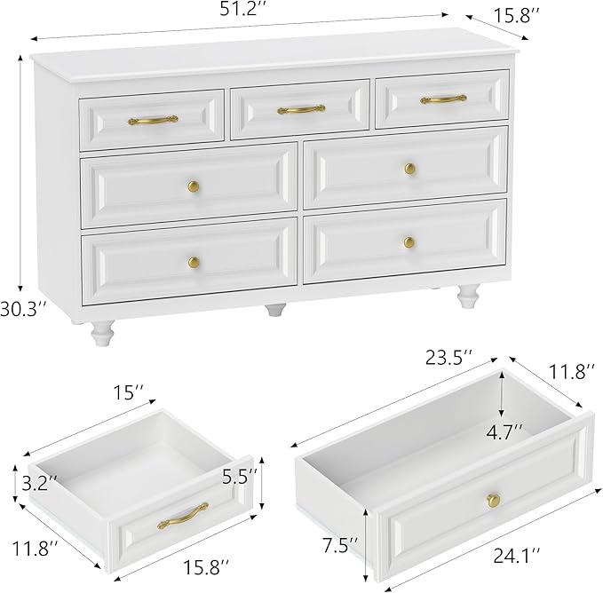 Farmhouse Dresser for Bedroom, 51'' Wide Rustic chests of Drawers with Natural Texture, 7 Drawers Dresser Vintage Design, Storage Dressers Organizer, White