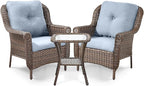 3 Piece Patio Brown Wicker Chairs with Side Table - Outdoor High Back Heavy Duty All-Weather Lawn Dining Rattan Chair Conversation Bistro Set for Deck Porch Balcony Backyard Garden - Baby Blue