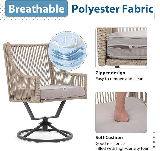 JOIVI Swivel Patio Chairs Set of 2, Outdoor Rattan Dining Chairs with Breathable Cushions, Outdoor Swivel Rattan Chair with Iron Frame for Lawn, Garden, Porch, Backyard, Beige