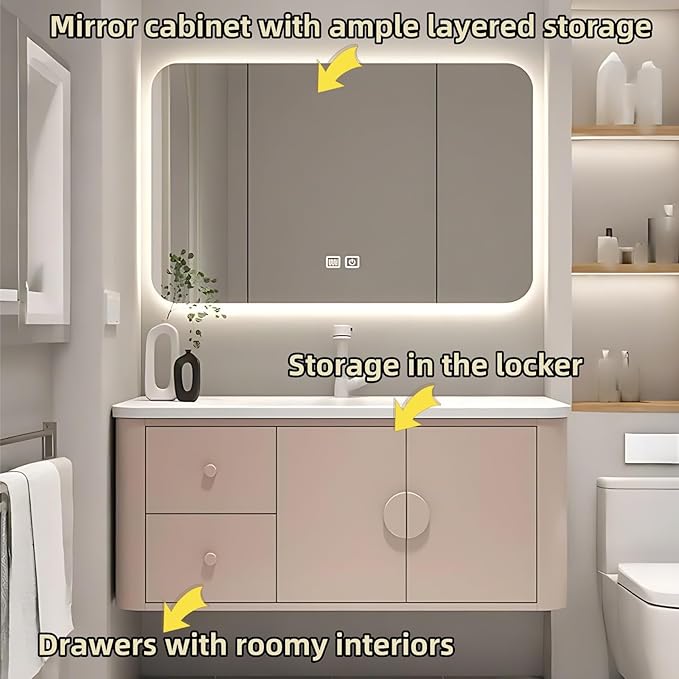 56IN Pink Modern Bathroom Vanity - Bathroom Vanities Set with 2 Drawers Wall Mounted | Rounded Corner Smart Defogging Mirror Cabinet with Lighting & Time Display, Side Opening Storage Shelf (Style B)