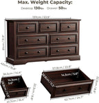 Farmhouse 7 Drawer Dresser for Bedroom, 54" Wide Wooden Dresser with Natural Texture & Vintage Metal Knobs, Large Chest of Drawers for Bedroom, Living Room, Hallway, Cherry