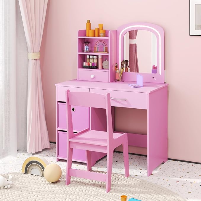 GLACER Kids Vanity Table and Chair Set, Princess Makeup Vanity Desk with 5 Drawers, Open Shelves, Mirror, 2-Color LED Lights, Wooden Toddler Vanity, Pretend Play Vanity Set for Little Girls (Pink)