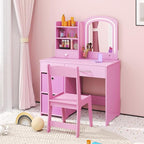 GLACER Kids Vanity Table and Chair Set, Princess Makeup Vanity Desk with 5 Drawers, Open Shelves, Mirror, 2-Color LED Lights, Wooden Toddler Vanity, Pretend Play Vanity Set for Little Girls (Pink)