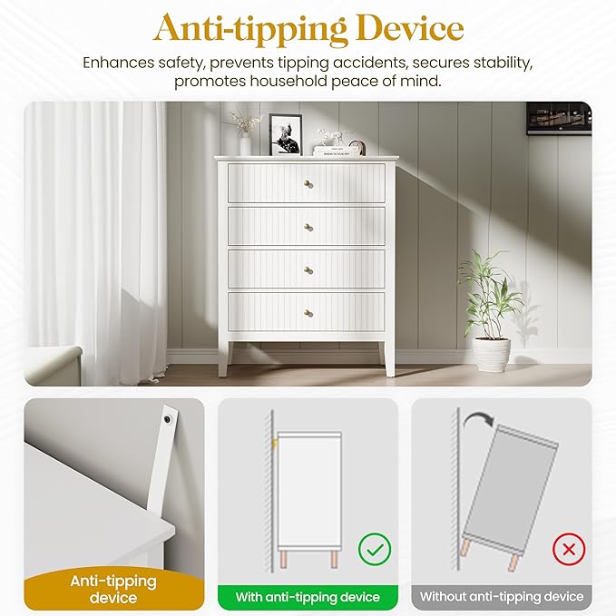 White Fluted 4 Drawer Dresser Set of 2 for Bedroom, Modern Chest of Drawers, Wood Dresser for Storage Clothes, Wooden Storage Cabinet Nightstand for Bedroom, Hallway, Living Room, Entryway