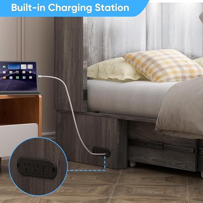 Mjkone Murphy Bed, Cabinet Murphy Bed with Tri-Fold Memory Foam Mattress, Farmhouse Wooden Cabinet Beds with USB Charging Station and 2 Storage Drawers for Bedroom/Office/Guest Room-Gray, Full