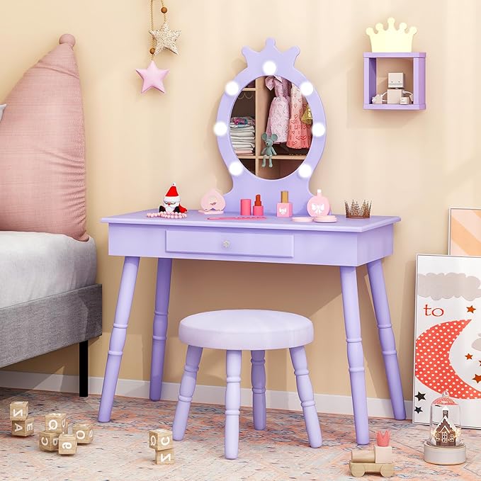 Costzon Kids Vanity, Girls Vanity Set with Mirror and Stool and Lights, Drawer, 2 in 1 Wooden Makeup Vanity Desk Dressing Table, Kids Vanity Table and Chair Set (Violet)