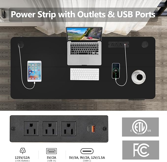 farexon Electric Standing Desk Adjustable Height Desk 55 x 24In with Charging Station, Stand up Desk with Oversized Mouse Pad, 4 Caster, 4 Preset Heights Easy to Set, 27''-45'' Lifting Range(Black