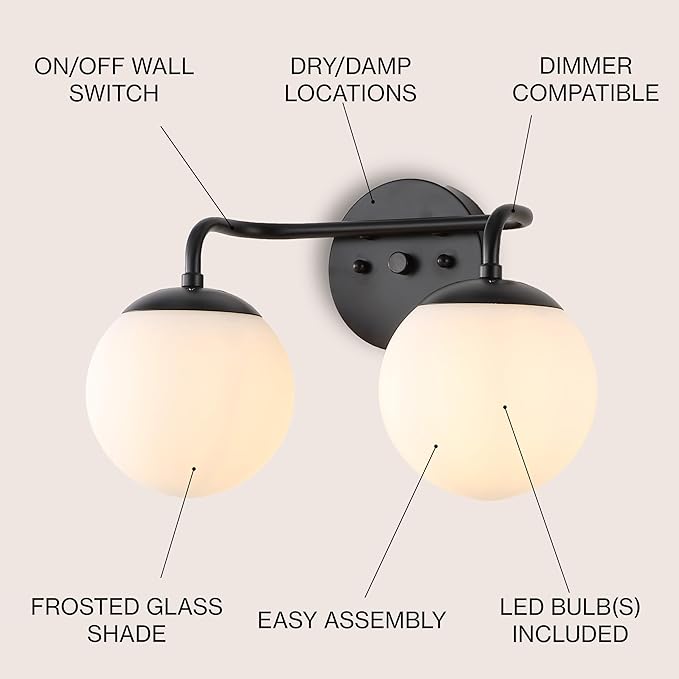 JONATHAN Y JYL3535B Louis Parisian Globe 15" 2-Light Metal/Frosted Glass Modern Contemporary LED Vanity Light Midcentury, Glam, Transitional, Office, Living Room, Dining Room, Bedroom, Black
