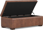 SIMPLIHOME Gabbie 48 inch Wide Contemporary Rectangle Rectangular Storage Ottoman in Distressed Saddle Brown Vegan Faux Leather, Assembled, for The Living Room, Entryway and Family Room