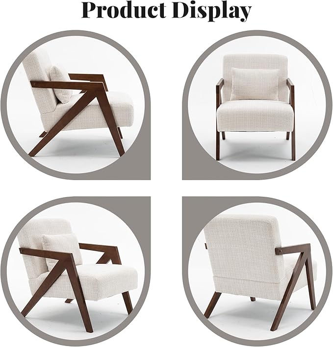 Mid-Century Modern Accent Chair with Solid Wood Frame，Upholstered Chenille Living Room Arm Chairs with Pillow for Bedroom, Living Room, Reading Room, Balcony, Beige