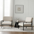 Mid Century Modern Accent Chair Arm Chairs, Comfy Armchair Linen Upholstered with Black Metal, Beige