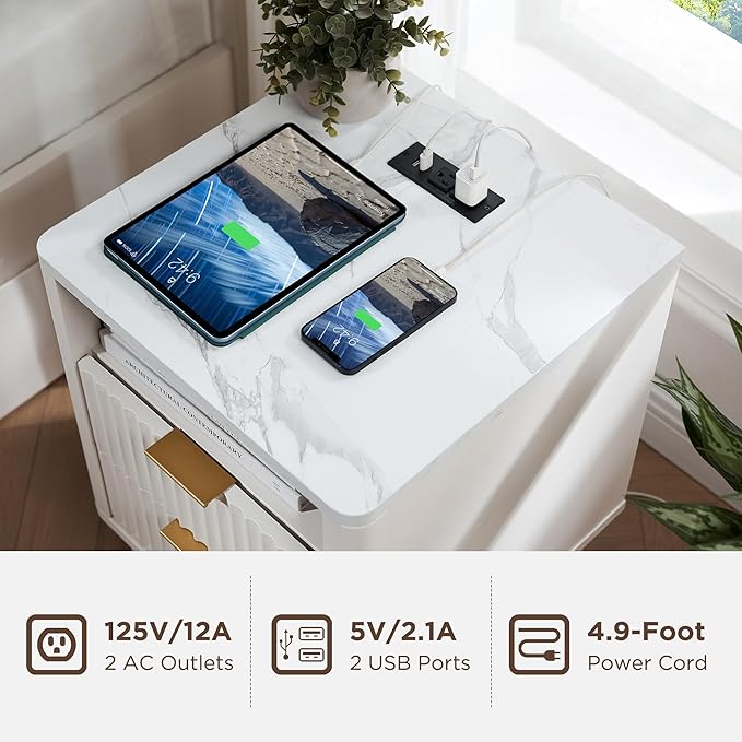 T4TREAM Fluted Nightstand with Charging Station, 18" Modern Side Table with Faux Marble Top, 2 Drawers End Table w/Storage, Bedside Table for Bedroom, Living Room, Curved Profile Design, Solid White