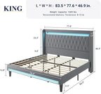 Allewie Upholstered King Size Platform Bed Frame with LED Light and Charging Station, Button Tufted High Headboard, Wingback Design, Noise Free, Easy Assembly, No Box Spring Needed, Grey