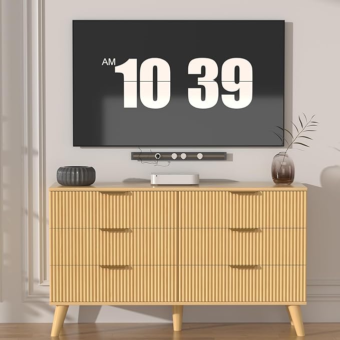 Boho Fluted 6 Drawer Dresser for Bedroom, Chest of Drawers with Solid Wood Legs, Modern Dresser Chest Cabinet Organizer with Golden Handles, Beside Table for Closet, Hallway, Bedroom