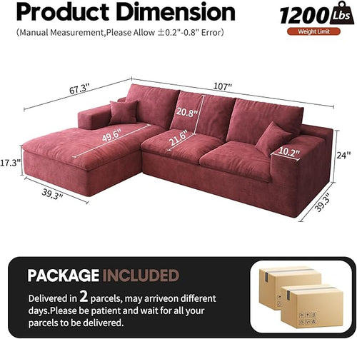 107'' L-Shaped Modern Modular Sectional Cloud Couch, 4-Seat Chenille Deep-Seat Sofa with Pillow for Living Room, Bedroom, Apartment, Wine Red