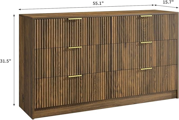 3-Piece Modern Bedroom Furniture Set, Wide 6-Drawer Dresser & 1-Drawer Nightstands Set of 2, Natural Wood Dresser and Nightstand Sets for Bedroom, Hallway, Walnut