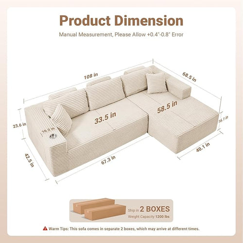 108" Boneless Couch, Cloud Couch Modular Sectional Sofa with Deeper Seat, L-Shaped Sofa with 4 Storage Pockets, Comfy Corduroy Couches for Living Room (Right Facing Chaise, Beige)