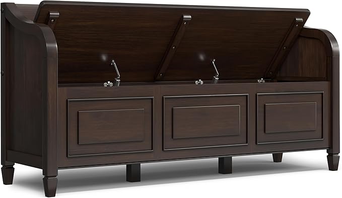 SIMPLIHOME Connaught Entryway Storage Bench - 56 inch Wide Solid Wood Wide Storage Seat in Chestnut Brown, Traditional Bench for Entryway or Living Room with Lift-Up Lid and Paneled Front