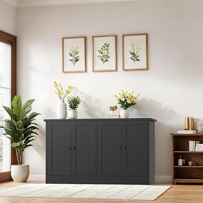 Black Buffet Storage Cabinet with 4 Door, 49" W Coffee Bar Cabinet, Kitchen Buffet Sideboard for Living Room, Kitchen