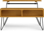 SIMPLIHOME Hunter Small Lift Top Coffee Table - 36 inch Wide Solid Oak Veneer and Metal Industrial Cocktail Table in Oak, Living Room Table with Hidden Storage, 2 Cubbies, and Hairpin Legs