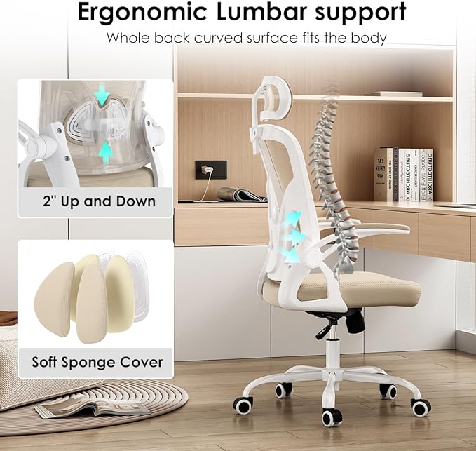 Farini Ergonomic Office Chair, Home Office Desk Chair with Headrest, High Back Computer Chair with Armrests and Adjustable Lumbar Support for Home Office Study Room, White & Khaki
