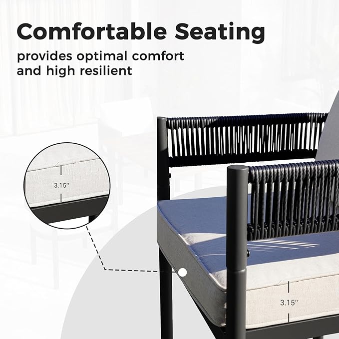 Grand patio 5-Piece Outdoor Dining Set for 4 with 1 Rectangle Expandable Table for 4-6 Person, Metal Woven Wicker Fixed Patio Chairs with Thickened Cushions for Yard, Poolside (Black)