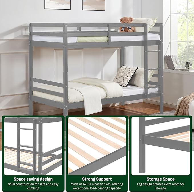 Softa Full Over Full Bunk Bed with Thick Posts,Wooden Bunk Bed with High Guardrail and Ladder for Kids, Teens, Dorm Rooms, and Guest Rooms,No Box Spring Needed, Grey