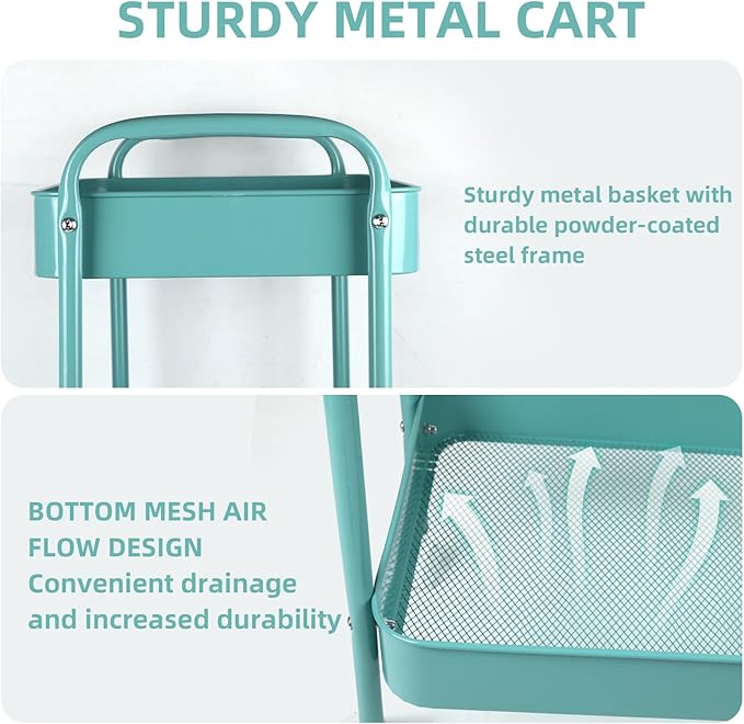 3 Tier Organizer Cart on Wheels, Metal Rolling Storage Cart with Wheels, Mobile Shelving Multifunction Storage Trolley with 4 Hooks fo Laundry Room Bathroom Kitchen Office, Green