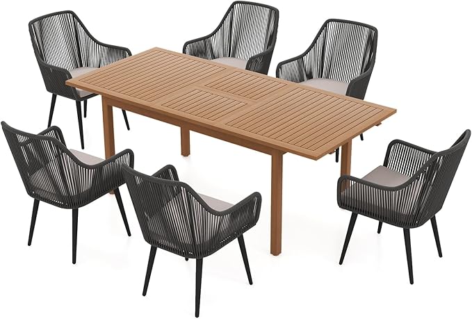 JOIVI Outdoor Dining Set for 6, 7 Pieces Patio Dining Table and Chairs Set, Rattan Rope Patio Outdoor Furniture Set with Wood Extendable Dining Table for Deck, Backyard, Indoor Dining Room, Black