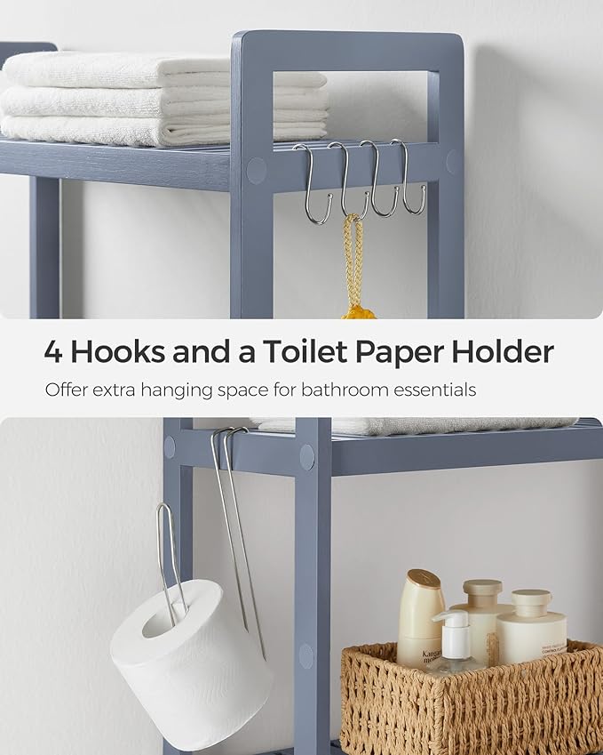 SONGMICS Over The Toilet Storage, 3-Tier Over Toilet Bathroom Organizer with Adjustable Shelf, 10.2 x 24.8 x 66.9 Inches, Space-Saving, Gray UBTS001G01