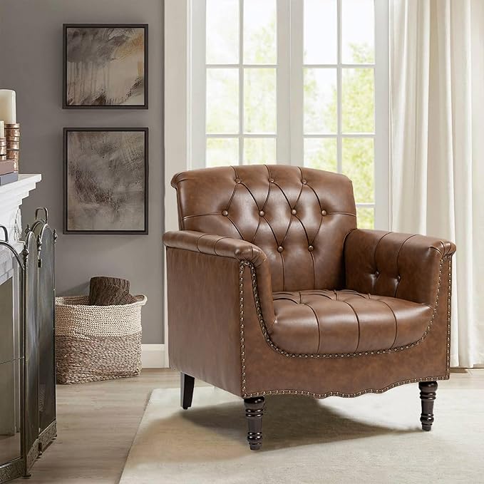 Faux Leather Accent Chair, PU Leather Modern Comfy Upholstered Armchair with Wood Legs & Nailhead Trim for Living Room, Bedroom (Brown,Set of 2)